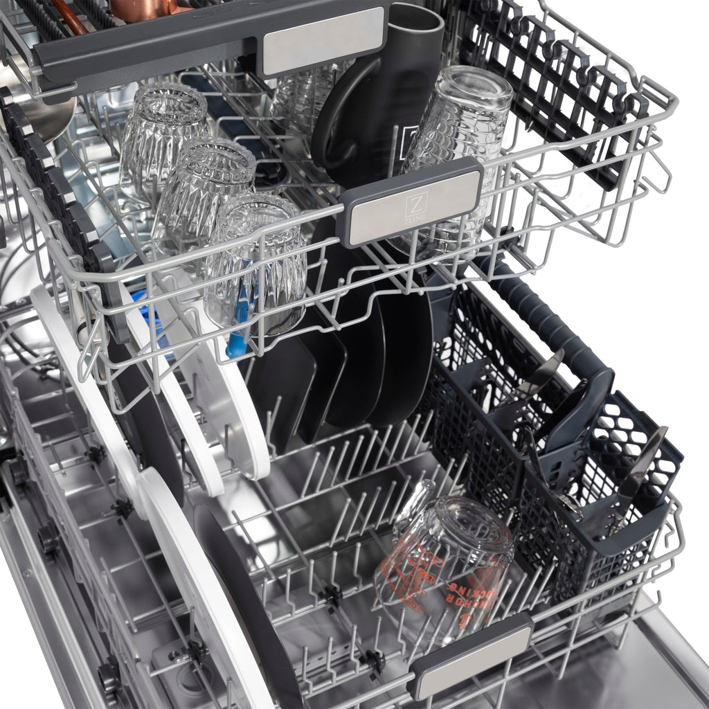 ZLINE Autograph 24" Monument Series 3rd Rack Top Touch Control Tall Tub Dishwasher with Satin Stainless Steel Panel and Champagne Bronze Handle, 45dBa, DWMTZ-SN-24-CB