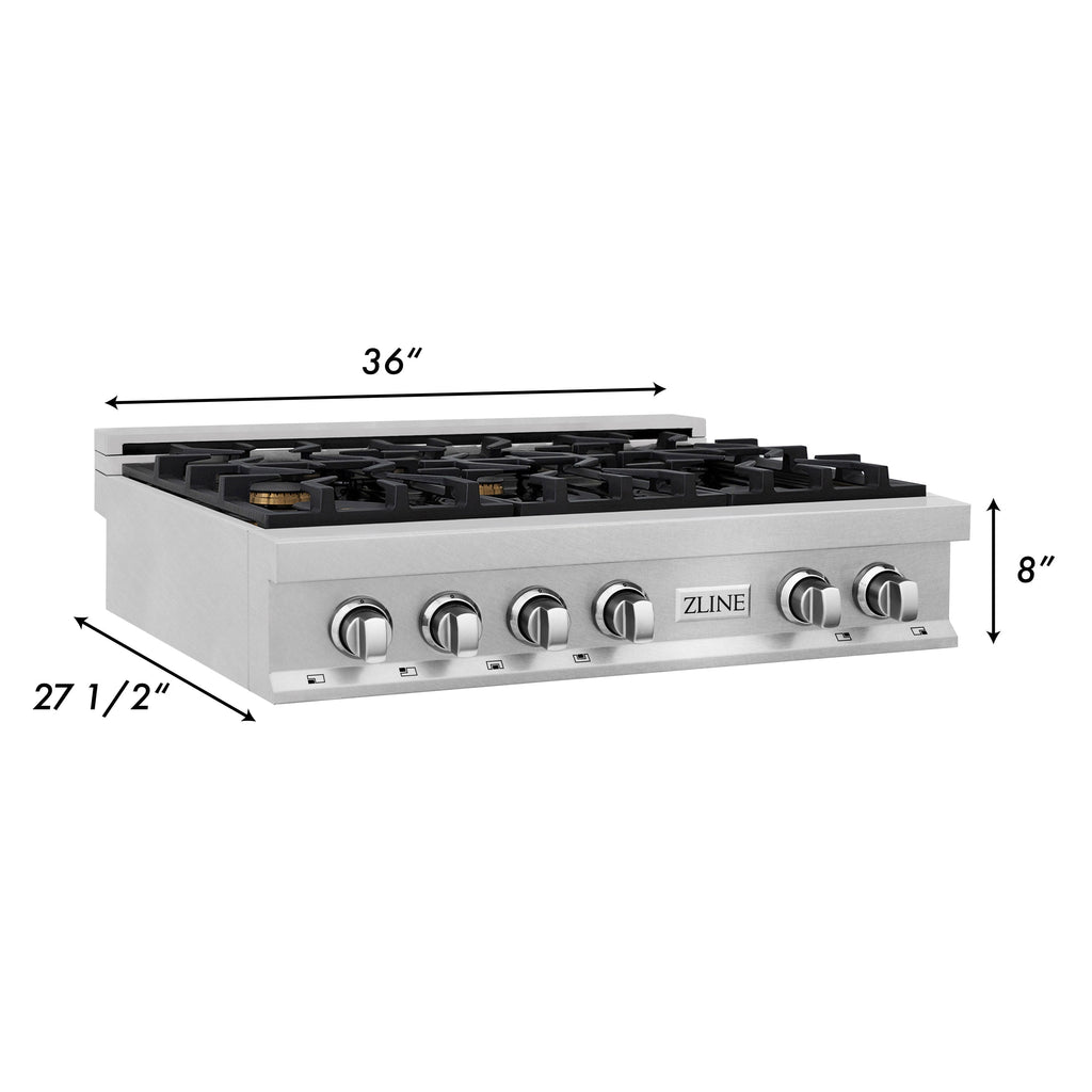 ZLINE 36" Legacy Gas Rangetop with 6 Brass Burners and Porcelain Cooktop in Satin Stainless Steel, RTS-BR-36