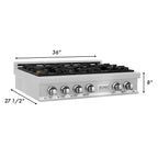 ZLINE 36" Legacy Gas Rangetop with 6 Brass Burners and Porcelain Cooktop in Satin Stainless Steel, RTS-BR-36