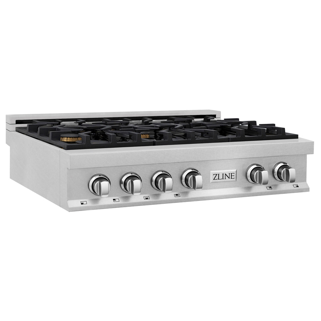 ZLINE 36" Legacy Gas Rangetop with 6 Brass Burners and Porcelain Cooktop in Satin Stainless Steel, RTS-BR-36