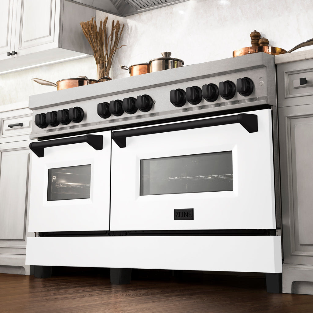 ZLINE Autograph 60 in. Legacy Dual Fuel Range with 9 Gas Burners and Double Electric Convection Ovens, 7.4 cu. ft., Satin Stainless Steel with White Matte Doors and Matte Black Accents (RASZ-WM-60-MB)