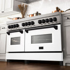 ZLINE Autograph 60 in. Legacy Dual Fuel Range with 9 Gas Burners and Double Electric Convection Ovens, 7.4 cu. ft., Satin Stainless Steel with White Matte Doors and Matte Black Accents (RASZ-WM-60-MB)