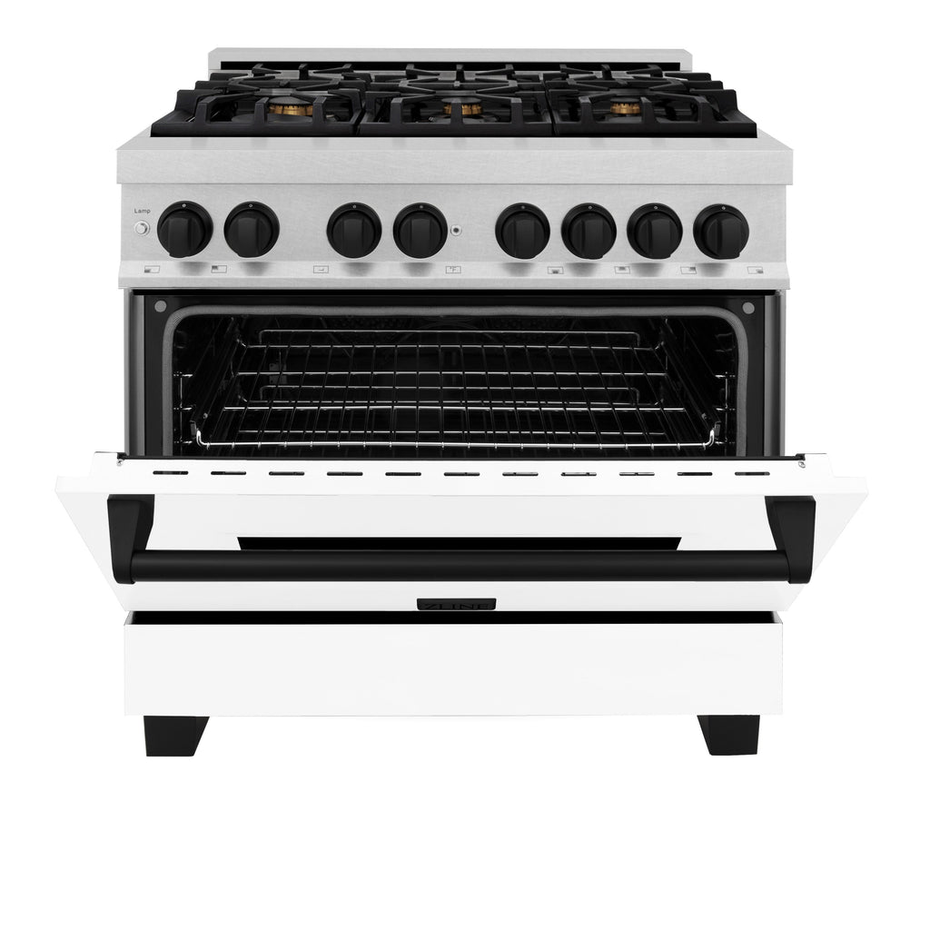 ZLINE Autograph Edition 36 in. 4.6 cu. ft. Dual Fuel Range with 6 Gas Burners and Electric Convection Oven, Satin Stainless Steel with White Matte Door and Matte Black Accents (Model RASZ-WM-36-MB)