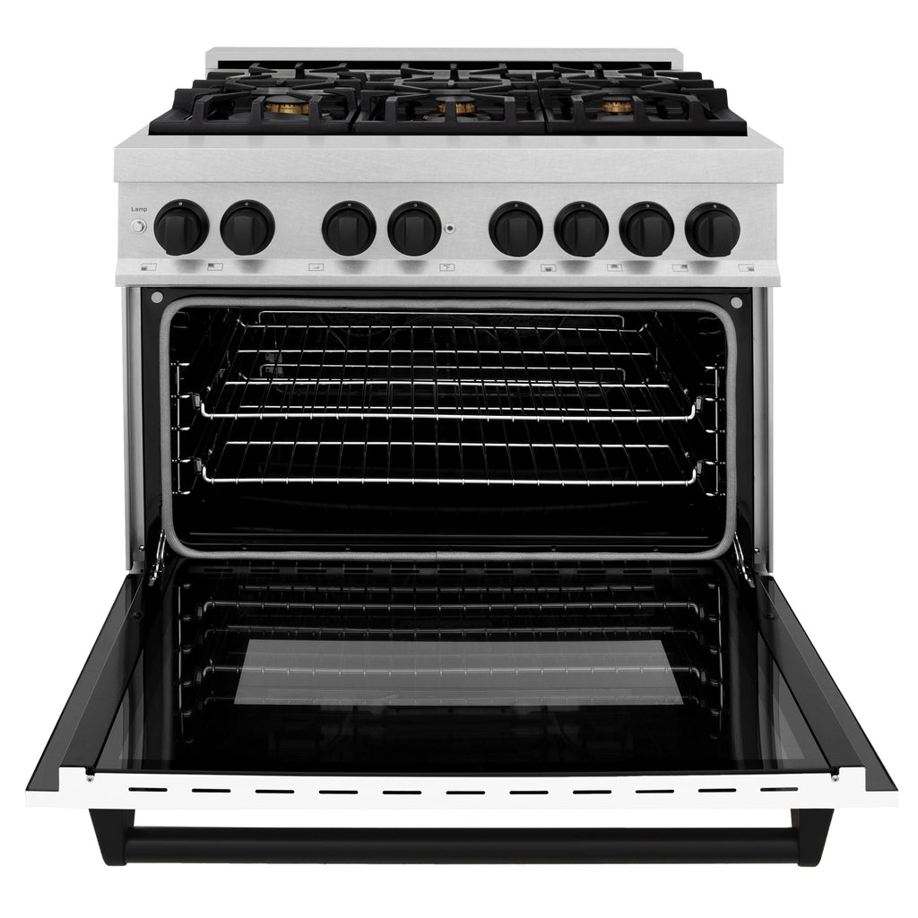 ZLINE Autograph Edition 36 in. 4.6 cu. ft. Dual Fuel Range with 6 Gas Burners and Electric Convection Oven, Satin Stainless Steel with White Matte Door and Matte Black Accents (Model RASZ-WM-36-MB)