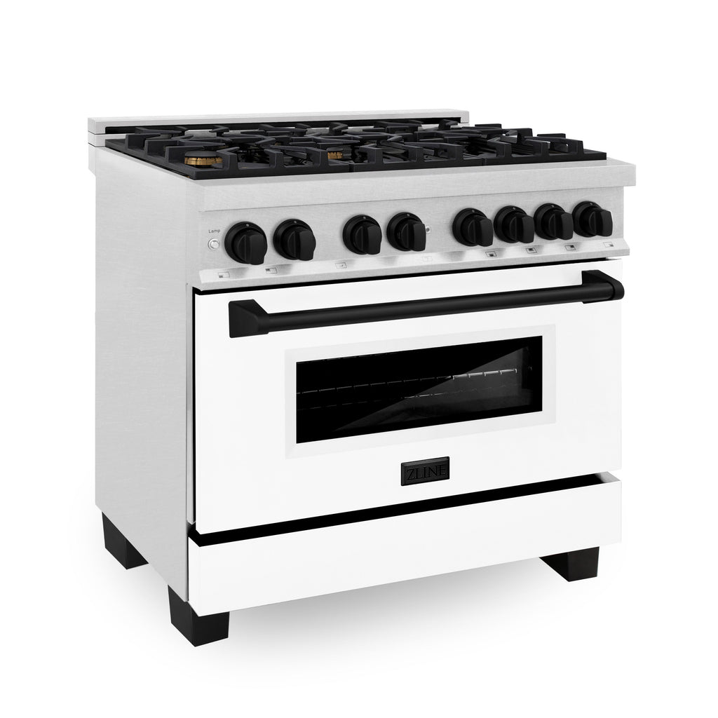 ZLINE Autograph Edition 36 in. 4.6 cu. ft. Dual Fuel Range with 6 Gas Burners and Electric Convection Oven, Satin Stainless Steel with White Matte Door and Matte Black Accents (Model RASZ-WM-36-MB)