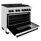 ZLINE Autograph Edition 36 in. 4.6 cu. ft. Dual Fuel Range with 6 Gas Burners and Electric Convection Oven, Satin Stainless Steel with White Matte Door and Matte Black Accents (Model RASZ-WM-36-MB)