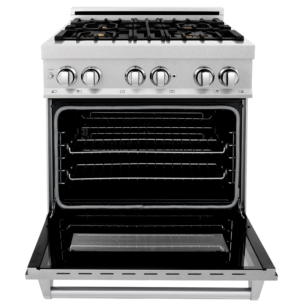 ZLINE 30 in. Legacy Dual Fuel Range, 4.0 cu. ft., Gas Cooktop with 4 Brass Burners and Griddle, Electric Convection Oven, Satin Stainless Steel, Model RAS-SN-BR-GR-30