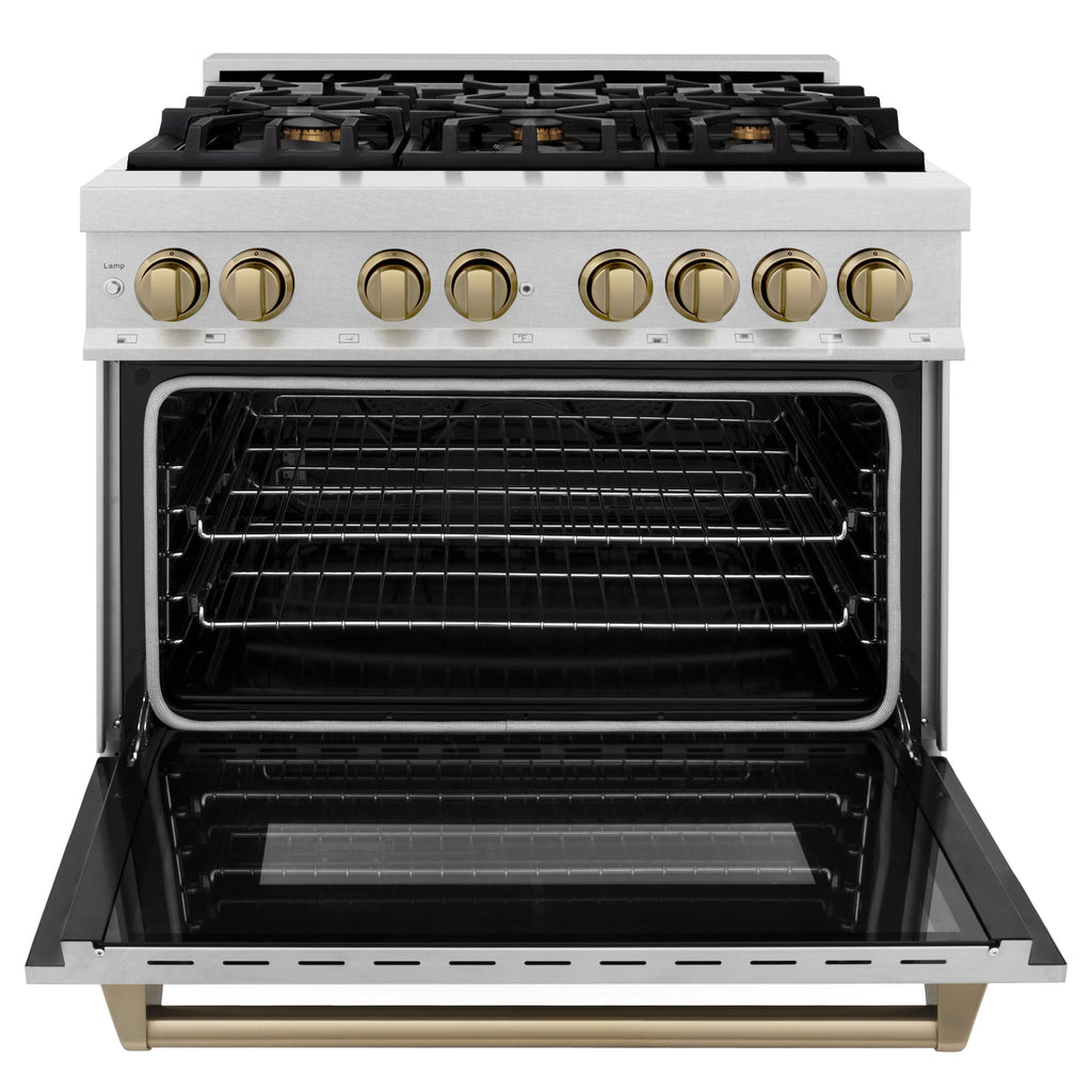 ZLINE Autograph Edition 36 in. 4.6 cu. ft. Legacy Dual Fuel Range with 6 Burner Gas Cooktop and Electric Convection Oven in Satin Stainless Steel with Champagne Bronze Accents (RASZ-SN-36-CB)