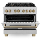 ZLINE Autograph Edition 36 in. 4.6 cu. ft. Legacy Dual Fuel Range with 6 Burner Gas Cooktop and Electric Convection Oven in Satin Stainless Steel with Champagne Bronze Accents (RASZ-SN-36-CB)