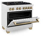 ZLINE Autograph Edition 36 in. 4.6 cu. ft. Legacy Dual Fuel Range with 6 Burner Gas Cooktop and Electric Convection Oven in Satin Stainless Steel with Champagne Bronze Accents (RASZ-SN-36-CB)