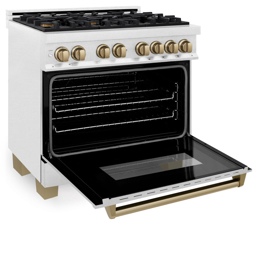 ZLINE Autograph Edition 36 in. 4.6 cu. ft. Legacy Dual Fuel Range with 6 Burner Gas Cooktop and Electric Convection Oven in Satin Stainless Steel with Champagne Bronze Accents (RASZ-SN-36-CB)