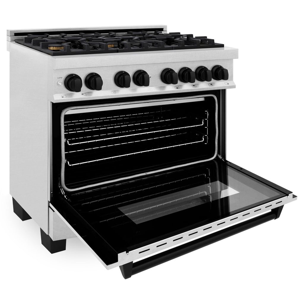 ZLINE Autograph 36 in. 4.6 cu. ft. Legacy Dual Fuel Range with 6 Gas Burners and Electric Convection Oven in Satin Stainless Steel with Matte Black Accents (RASZ-SN-36-MB)
