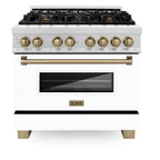 ZLINE Autograph Edition 36 in. 4.6 cu. ft. Legacy Dual Fuel Range with 6 Sealed Gas Burners and Electric Convection Oven in Satin Stainless Steel with White Matte Door and Champagne Bronze Accents (RASZ-WM-36-CB)