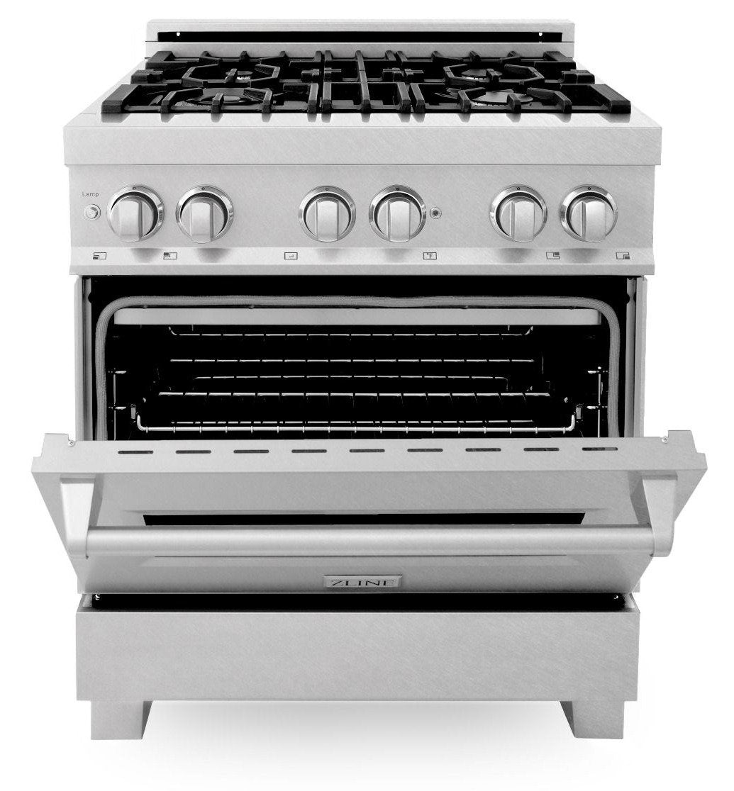 ZLINE 30 in. Kitchen Appliance Package with Satin Stainless Steel Stainless Dual Fuel Range, Ducted Vent Range Hood and Tall Tub Dishwasher, 3KP-RASRH30-DWV