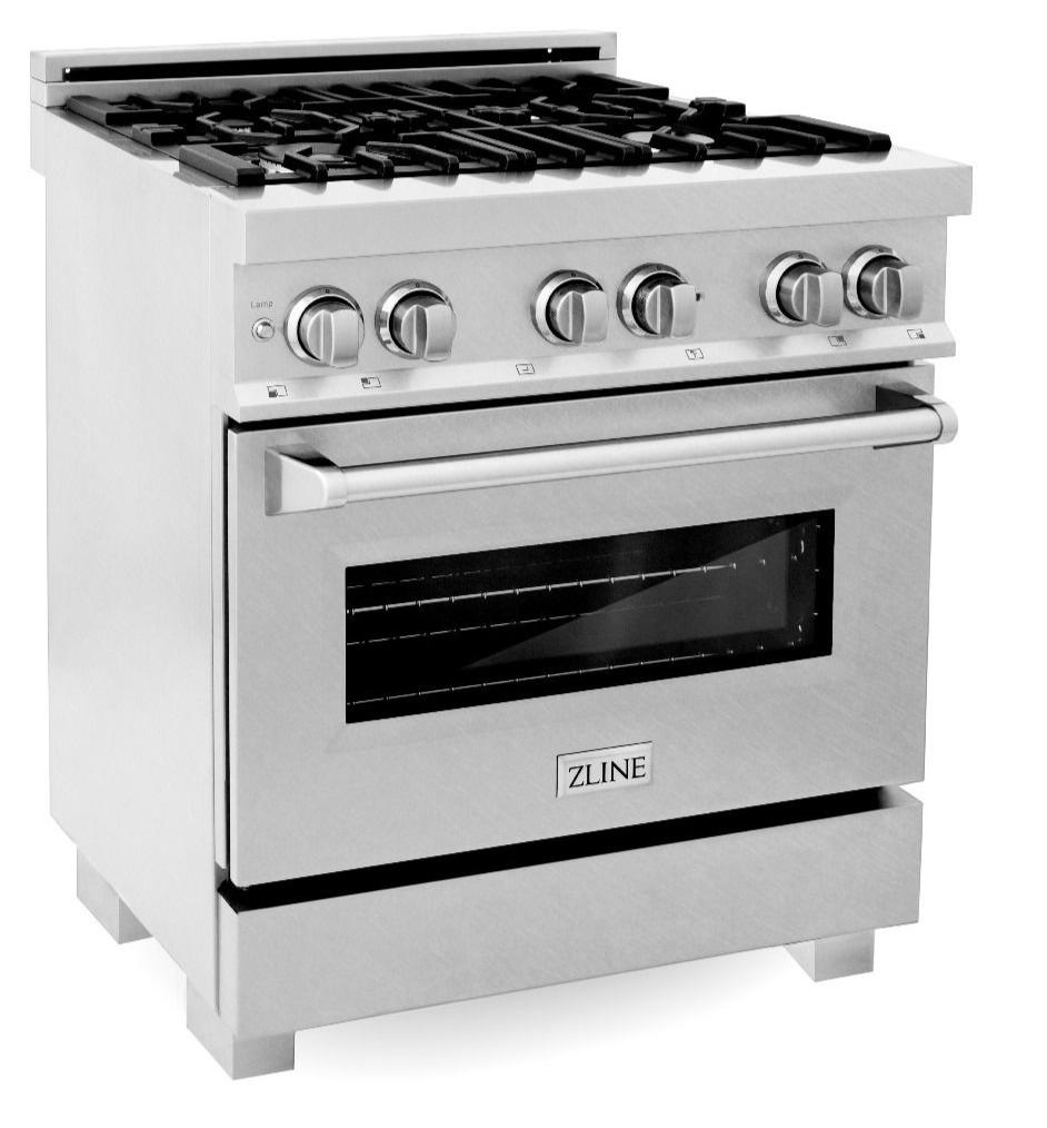 ZLINE 30 in. Dual Fuel Range and Range Hood Satin Stainless Steel Appliance Package, 2KP-RASSNRH30