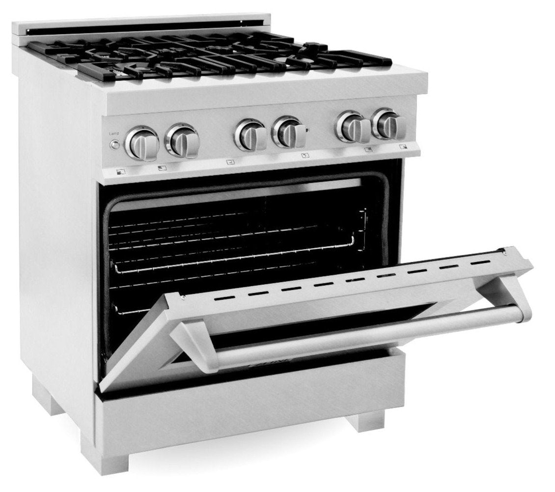 ZLINE 30 in. Kitchen Appliance Package with Satin Stainless Steel Stainless Dual Fuel Range, Ducted Vent Range Hood and Tall Tub Dishwasher, 3KP-RASRH30-DWV