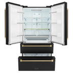 ZLINE 36 in. French Door Counter-Depth Refrigerator, 22.5 cu. ft., Ice Maker, Fingerprint-Resistant Black Stainless Steel, Champagne Bronze Helix Handles (RFMZ-36-BS-KCB)
