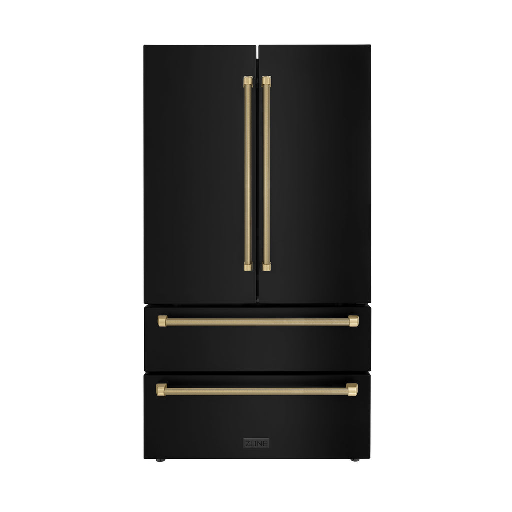 ZLINE 36 in. French Door Counter-Depth Refrigerator, 22.5 cu. ft., Ice Maker, Fingerprint-Resistant Black Stainless Steel, Champagne Bronze Helix Handles (RFMZ-36-BS-KCB)