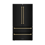 ZLINE 36 in. French Door Counter-Depth Refrigerator, 22.5 cu. ft., Ice Maker, Fingerprint-Resistant Black Stainless Steel, Champagne Bronze Helix Handles (RFMZ-36-BS-KCB)