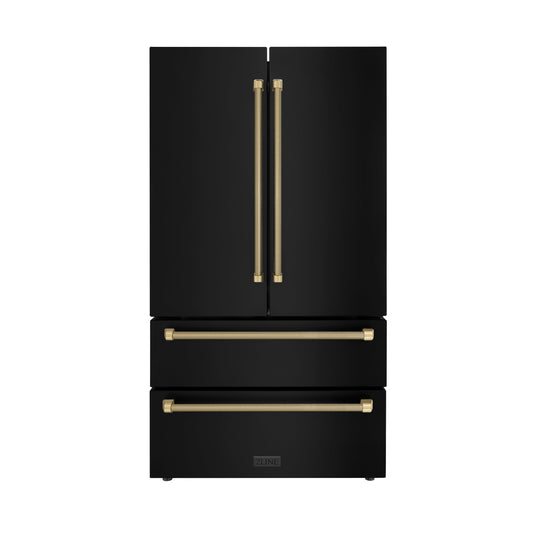 ZLINE 36 in. French Door Counter-Depth Refrigerator, 22.5 cu. ft., Ice Maker, Fingerprint-Resistant Black Stainless Steel, Champagne Bronze Helix Handles (RFMZ-36-BS-KCB)