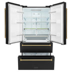 ZLINE 36 in. French Door Refrigerator 22.5 cu. ft. Counter-Depth, Ice Maker, Fingerprint-Resistant Black Stainless Steel, Polished Gold Helix Handles (RFMZ-36-BS-KG)