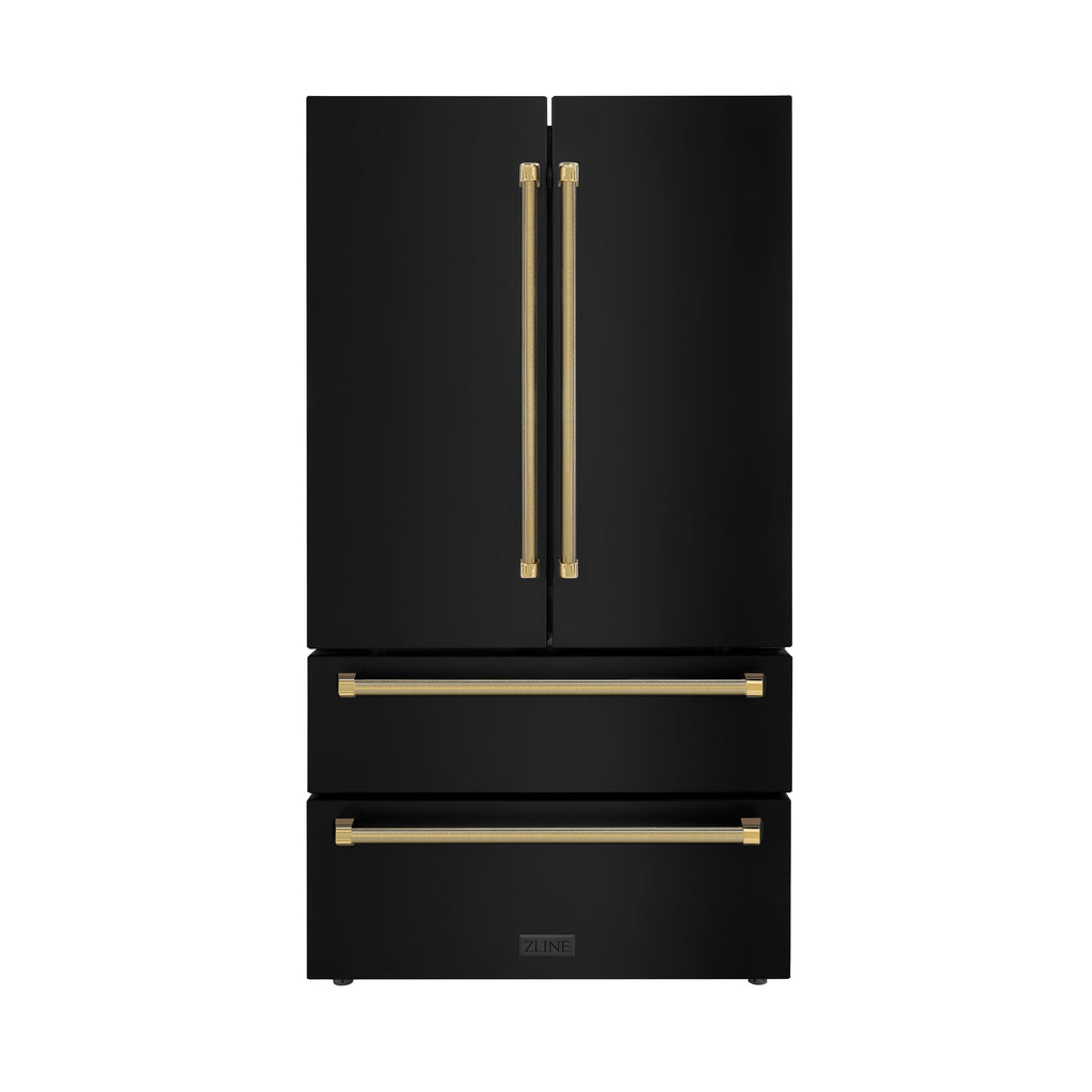 ZLINE 36 in. French Door Refrigerator 22.5 cu. ft. Counter-Depth, Ice Maker, Fingerprint-Resistant Black Stainless Steel, Polished Gold Helix Handles (RFMZ-36-BS-KG)