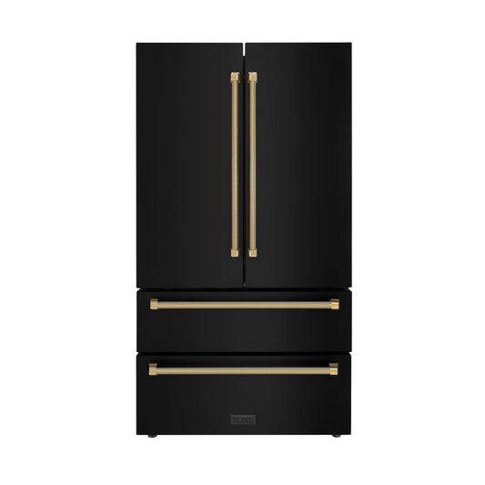 ZLINE 36 in. French Door Refrigerator 22.5 cu. ft. Counter-Depth, Ice Maker, Fingerprint-Resistant Black Stainless Steel, Polished Gold Helix Handles (RFMZ-36-BS-KG)
