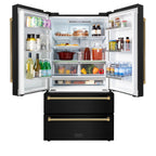 ZLINE 36 in. French Door Refrigerator 22.5 cu. ft. Counter-Depth, Ice Maker, Fingerprint-Resistant Black Stainless Steel, Polished Gold Helix Handles (RFMZ-36-BS-KG)
