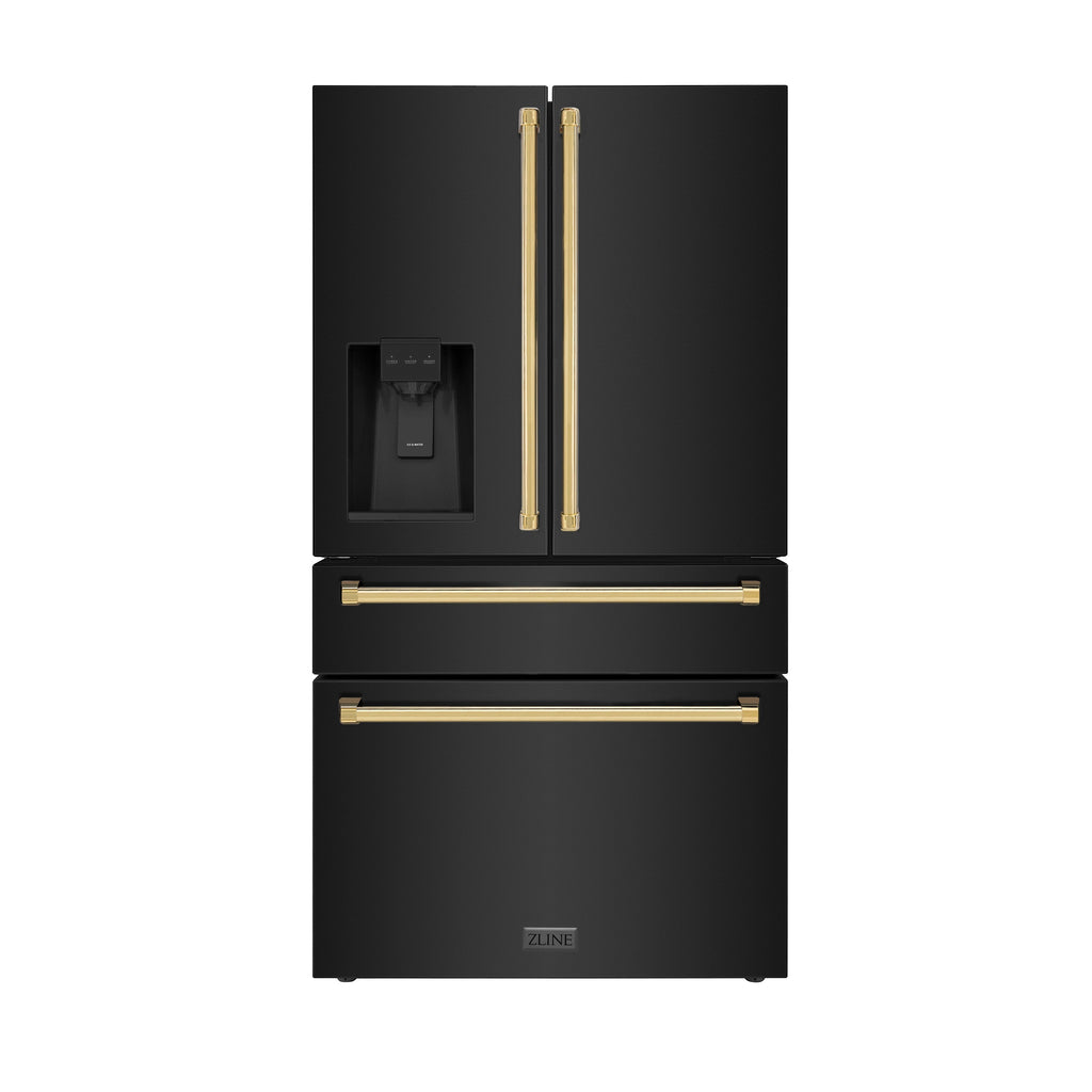 ZLINE 36 Inch Freestanding French Door Refrigerator with Water & Ice Dispenser, Black Stainless Steel, Gold Handles (RFMZ-W-36-BS-G)