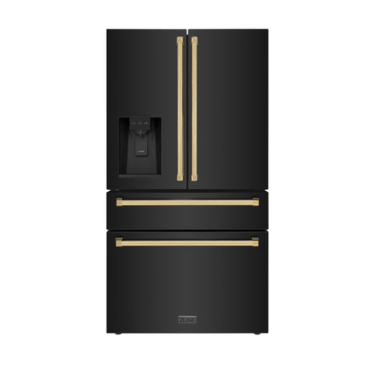 ZLINE 36 Inch Freestanding French Door Refrigerator with Water & Ice Dispenser, Black Stainless Steel, Gold Handles (RFMZ-W-36-BS-G)