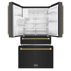ZLINE 36 in. Counter-Depth French Door Refrigerator 21.6 cu. ft. Water and Ice Dispenser Fingerprint-Resistant Black Stainless Steel Champagne Bronze Helix Handles (RFMZ-W36-BS-KCB)
