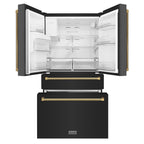 ZLINE 36 in. Counter-Depth French Door Refrigerator 21.6 Cu. Ft. Water and Ice Dispenser Fingerprint-Resistant Black Stainless Steel Polished Gold Helix Handles (RFMZ-W-36-BS-KG)