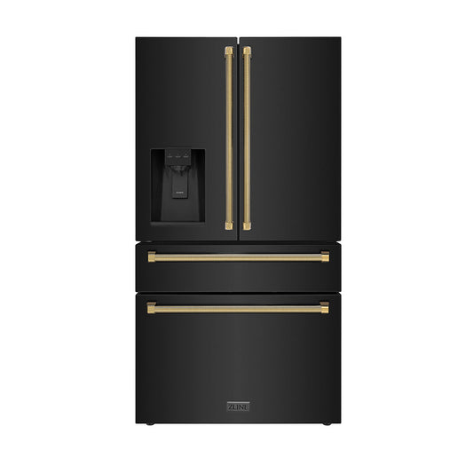 ZLINE 36 in. Counter-Depth French Door Refrigerator 21.6 Cu. Ft. Water and Ice Dispenser Fingerprint-Resistant Black Stainless Steel Polished Gold Helix Handles (RFMZ-W-36-BS-KG)