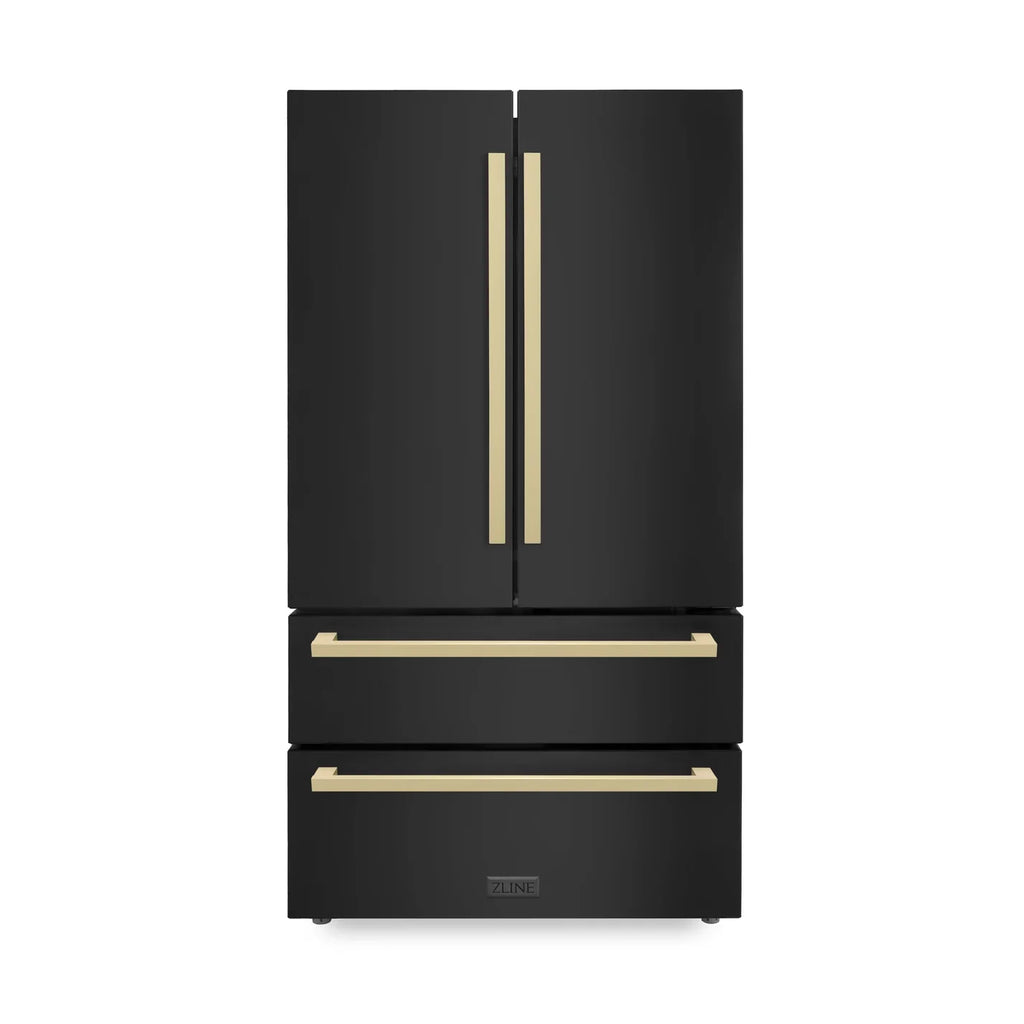 ZLINE 36 Inch French Door Refrigerator 22.5 cu. ft. Black Stainless Steel Champagne Bronze Handles Ice Maker (RFMZ-36-BS-FCB)