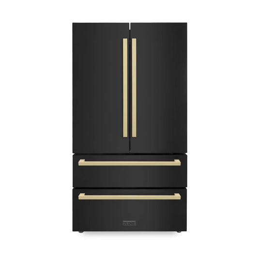 ZLINE 36 Inch French Door Refrigerator 22.5 cu. ft. Black Stainless Steel Champagne Bronze Handles Ice Maker (RFMZ-36-BS-FCB)