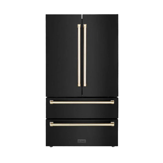ZLINE 36 in. French Door Refrigerator 22.5 cu. ft. Ice Maker Fingerprint Resistant Black Stainless Steel Gold Accents (RFMZ-36-BS-G)
