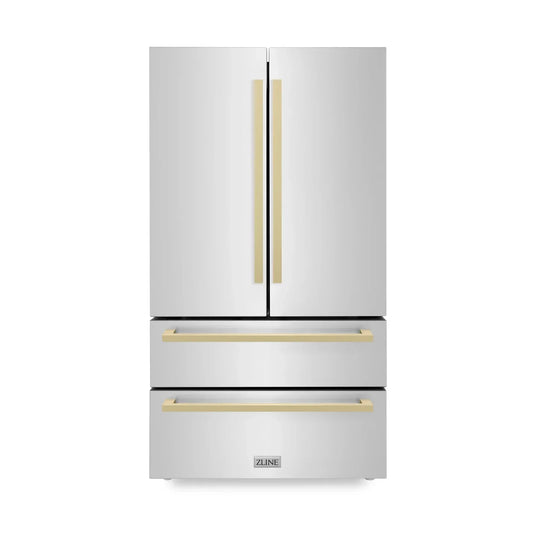 ZLINE 36-Inch French Door Refrigerator 22.5 Cu. Ft. Stainless Steel Ice Maker Champagne Bronze Handles (RFMZ-36-FCB)
