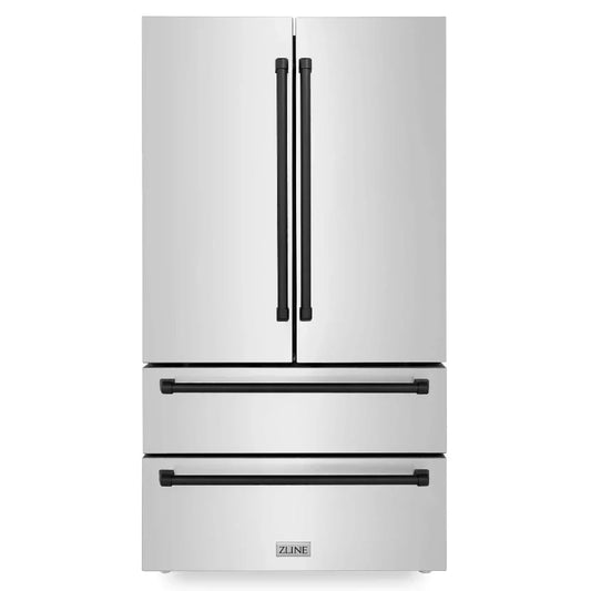 ZLINE 36 in. Refrigerator 22.5 cu. ft. Built-In French Door with Ice Maker Fingerprint Resistant Stainless Steel Matte Black Accents (RFMZ-36-MB)