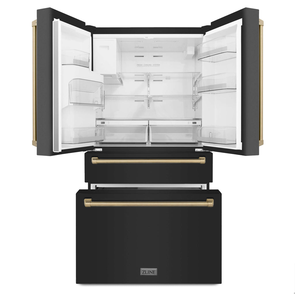ZLINE 36 Inch French Door Refrigerator 21.6 Cu. Ft. Counter Depth Water & Ice Dispenser Black Finish Champagne Bronze Handles (RFMZ-W-36-BS-CB)