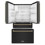 ZLINE 36 Inch French Door Refrigerator 21.6 Cu. Ft. Counter Depth Water & Ice Dispenser Black Finish Champagne Bronze Handles (RFMZ-W-36-BS-CB)