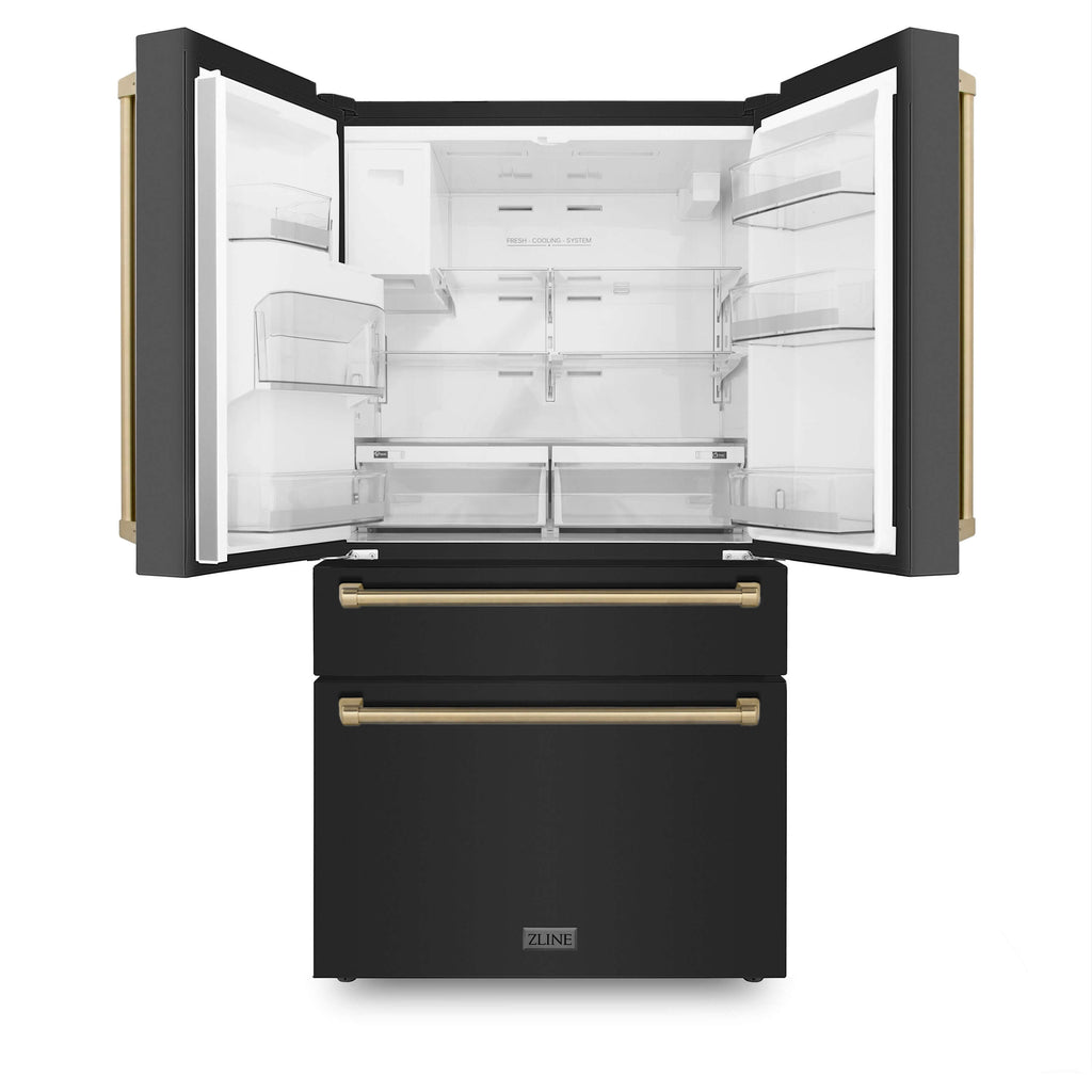 ZLINE 36 Inch French Door Refrigerator 21.6 Cu. Ft. Counter Depth Water & Ice Dispenser Black Finish Champagne Bronze Handles (RFMZ-W-36-BS-CB)