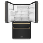 ZLINE 36 Inch French Door Refrigerator 21.6 Cu. Ft. Counter Depth Water & Ice Dispenser Black Finish Champagne Bronze Handles (RFMZ-W-36-BS-CB)