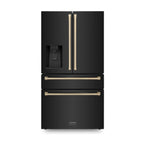 ZLINE 36 Inch French Door Refrigerator 21.6 Cu. Ft. Counter Depth Water & Ice Dispenser Black Finish Champagne Bronze Handles (RFMZ-W-36-BS-CB)