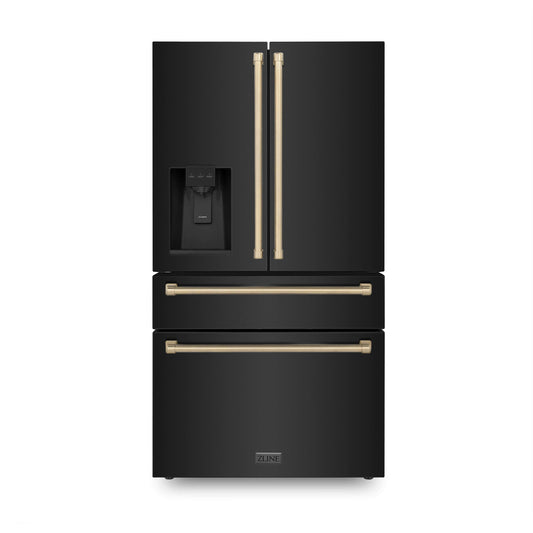ZLINE 36 Inch French Door Refrigerator 21.6 Cu. Ft. Counter Depth Water & Ice Dispenser Black Finish Champagne Bronze Handles (RFMZ-W-36-BS-CB)