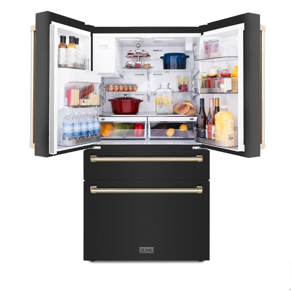 ZLINE 36 Inch Freestanding French Door Refrigerator with Water & Ice Dispenser, Black Stainless Steel, Gold Handles (RFMZ-W-36-BS-G)