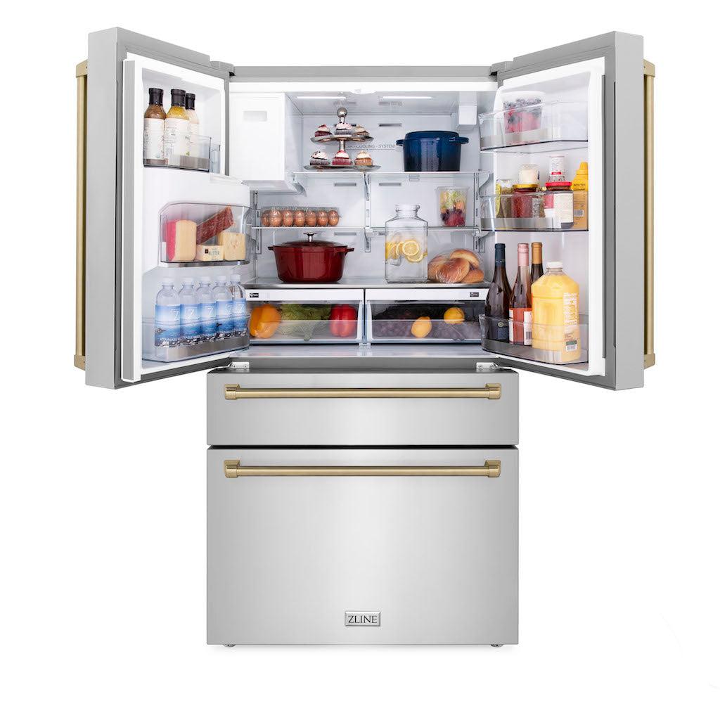 ZLINE 36 in. French Door Refrigerator 21.6 cu. ft. with Water & Ice Dispenser, Fingerprint Resistant Stainless Steel, Champagne Bronze Accents (RFMZ-W-36-CB)