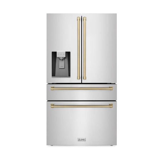 ZLINE 36 in. French Door Refrigerator 21.6 cu. ft. with Water & Ice Dispenser, Fingerprint Resistant Stainless Steel, Champagne Bronze Accents (RFMZ-W-36-CB)
