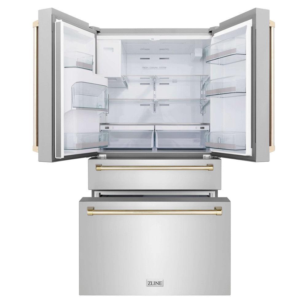 ZLINE 36 Inch French Door Refrigerator Fingerprint Resistant Stainless Steel Water & Ice Dispenser Gold Accents (RFMZ-W-36-G)