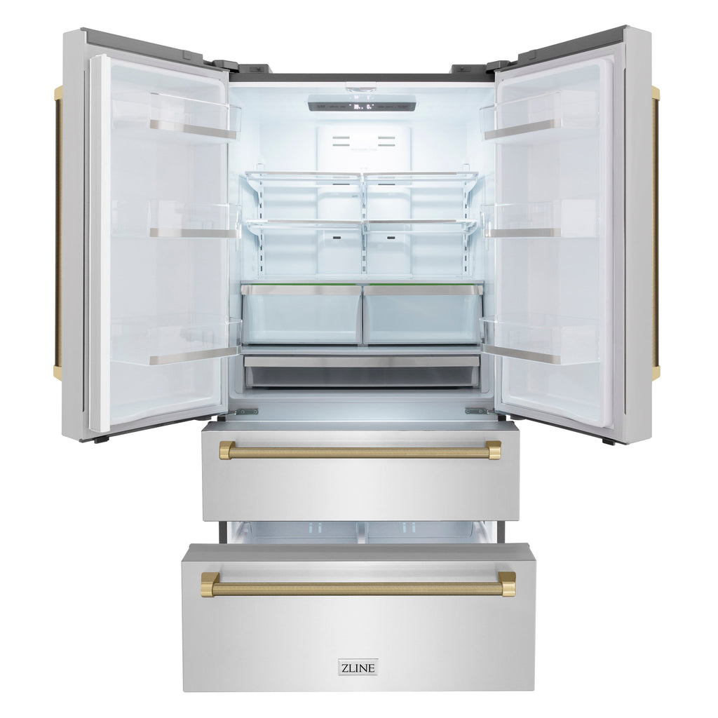 ZLINE 36 in. French Door Refrigerator 22.5 cu. ft. Counter-Depth Fingerprint-Resistant Stainless Steel Ice Maker Champagne Bronze Helix Handles (RFMZ-36-KCB)