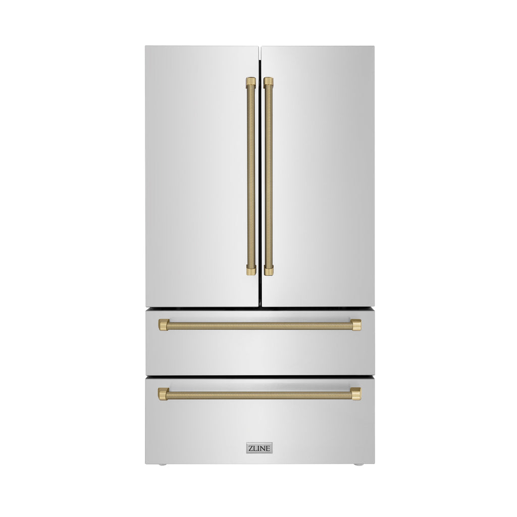 ZLINE 36 in. French Door Refrigerator 22.5 cu. ft. Counter-Depth Fingerprint-Resistant Stainless Steel Ice Maker Champagne Bronze Helix Handles (RFMZ-36-KCB)